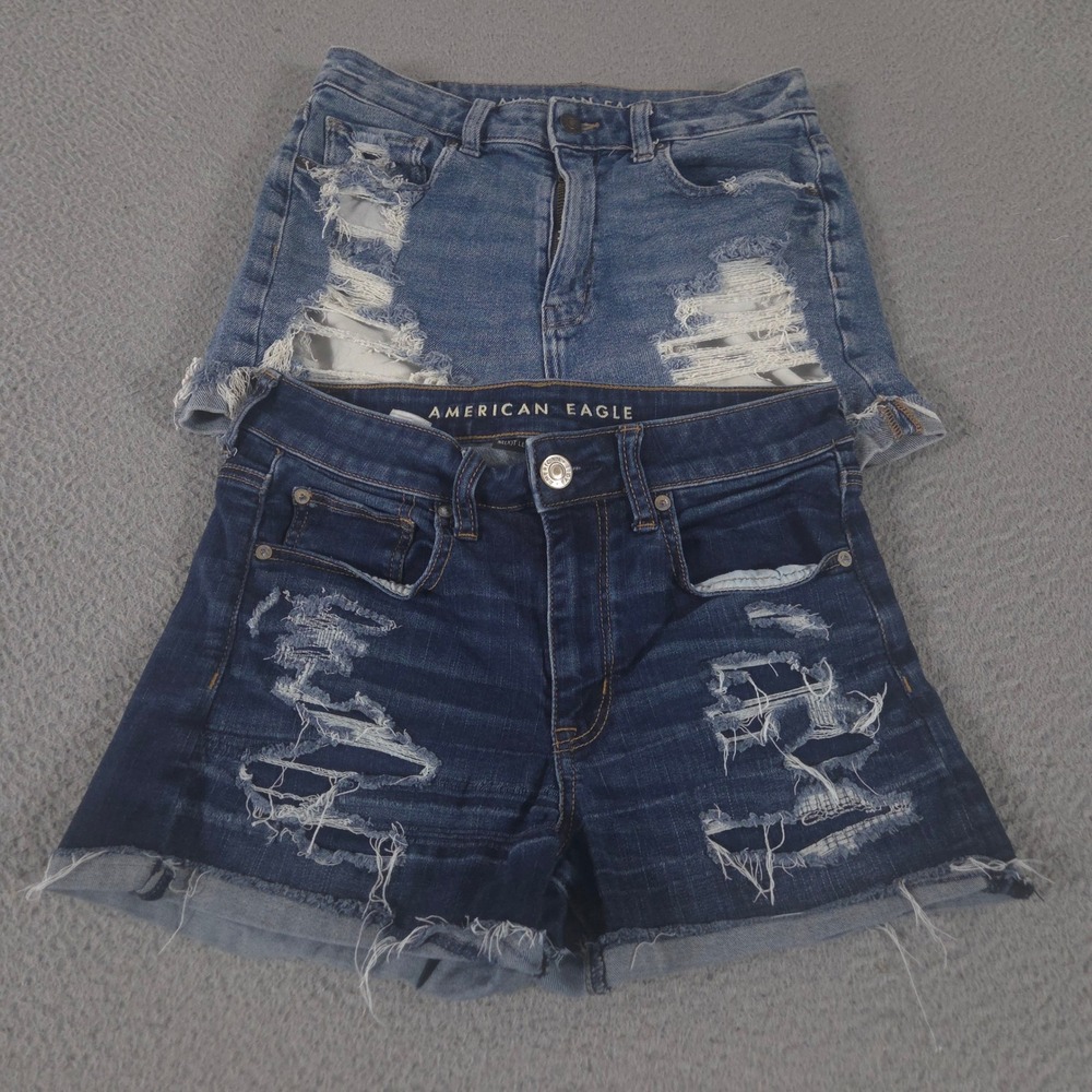 LOT OF 2 American Eagle Shorts Women 6 Blue Mom Hi-Rise Shortie Distressed Denim